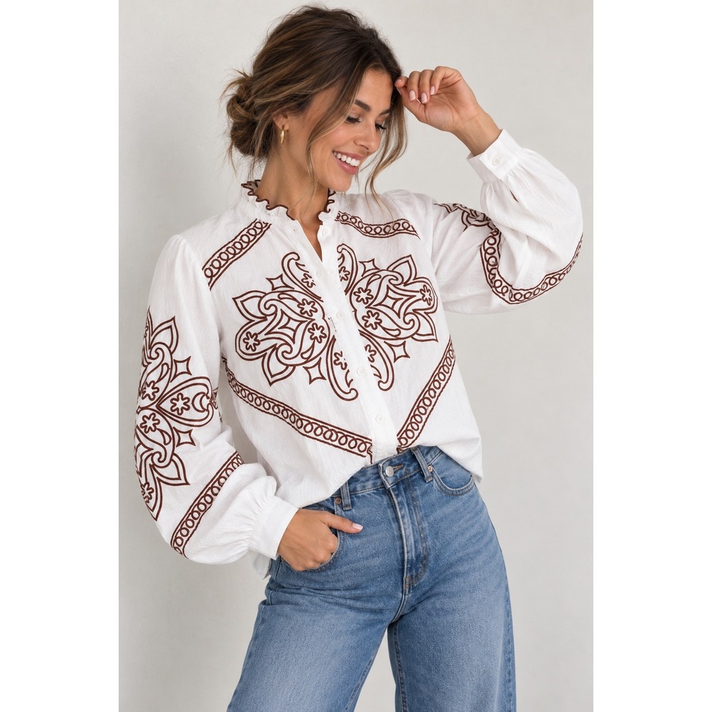 &merci Embroidered Blouse Size L White Brown Boho Ruffle Neck